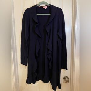 Lily Pulitzer size L Navy sweater cardigan. Ruffle edge. Cashmere
